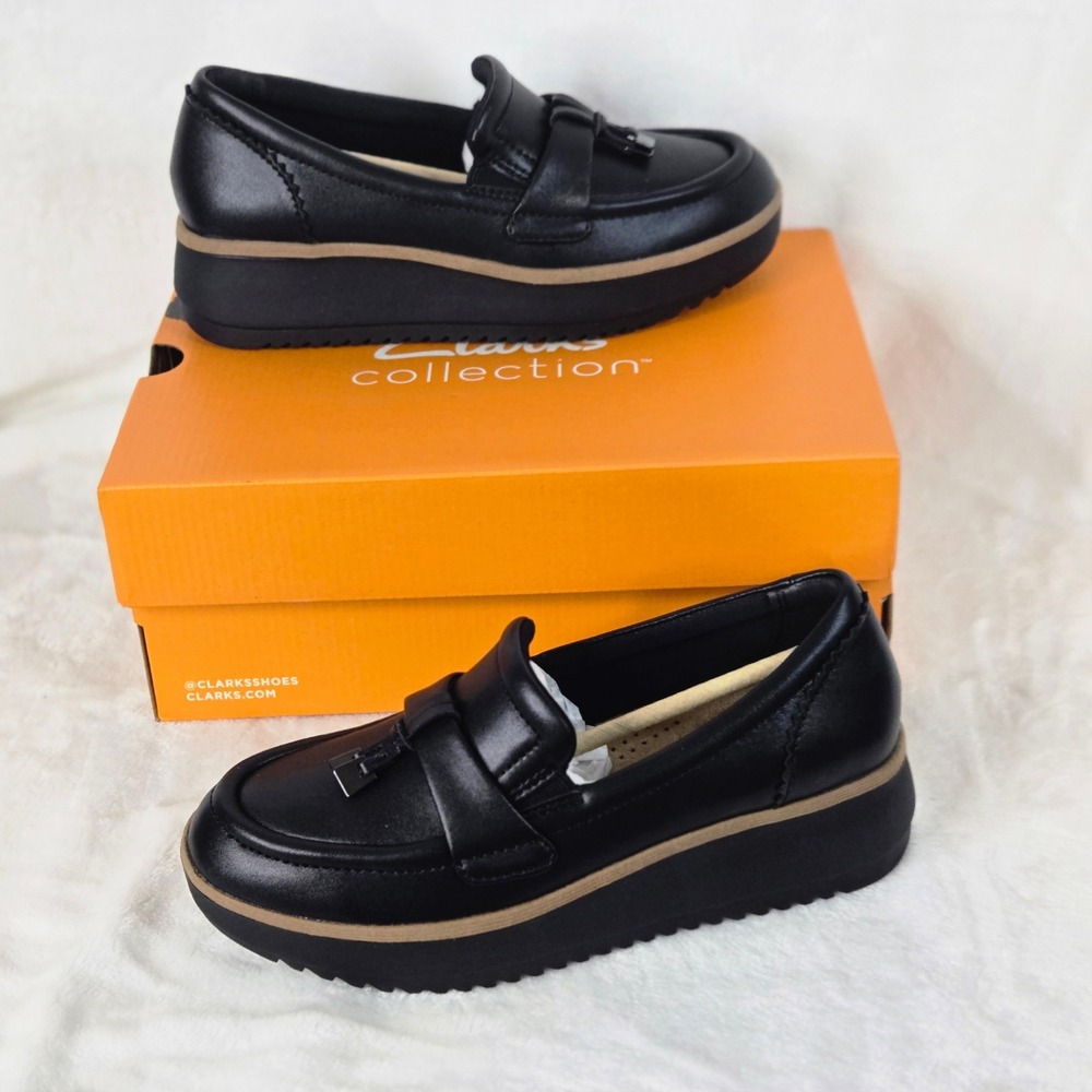 Clarks Collection Black Leather Platform Wedge Loafers Tassel Detail Women 6 M